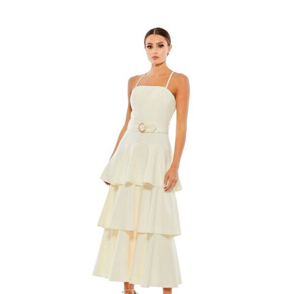Mac Duggal Ieena NWT Ruffle Tiered Buckle Detail Dress in Cream Size 8 - Picture 6 of 16